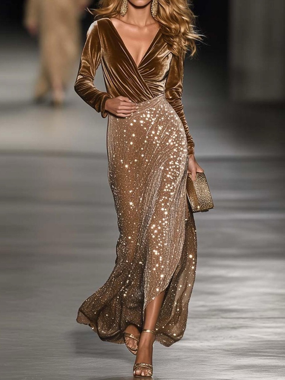 Velvet Long Sleeve Top and Sequin Skirt Set